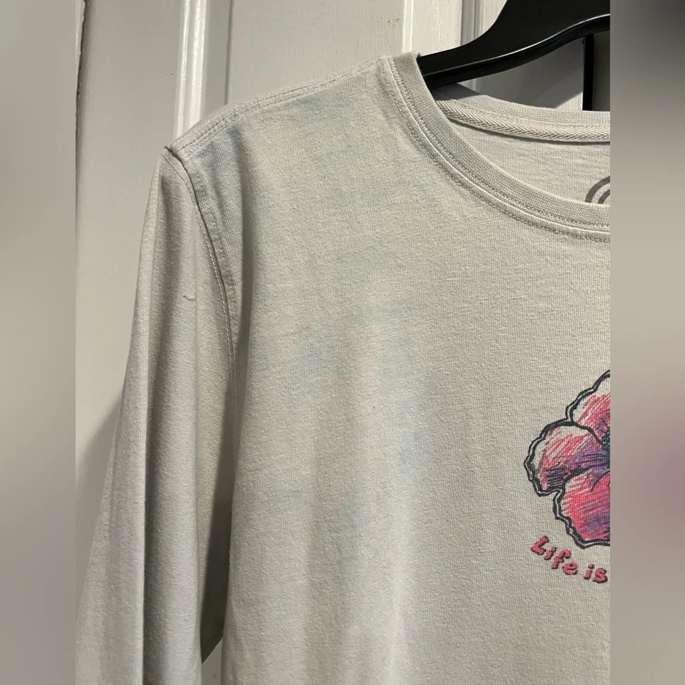 LIFE IS GOOD 🌺Relaxed Fit, Long Sleeve, Taupe , Crewneck Shirt, Pink 🌺Hibiacus - Picture 7 of 7